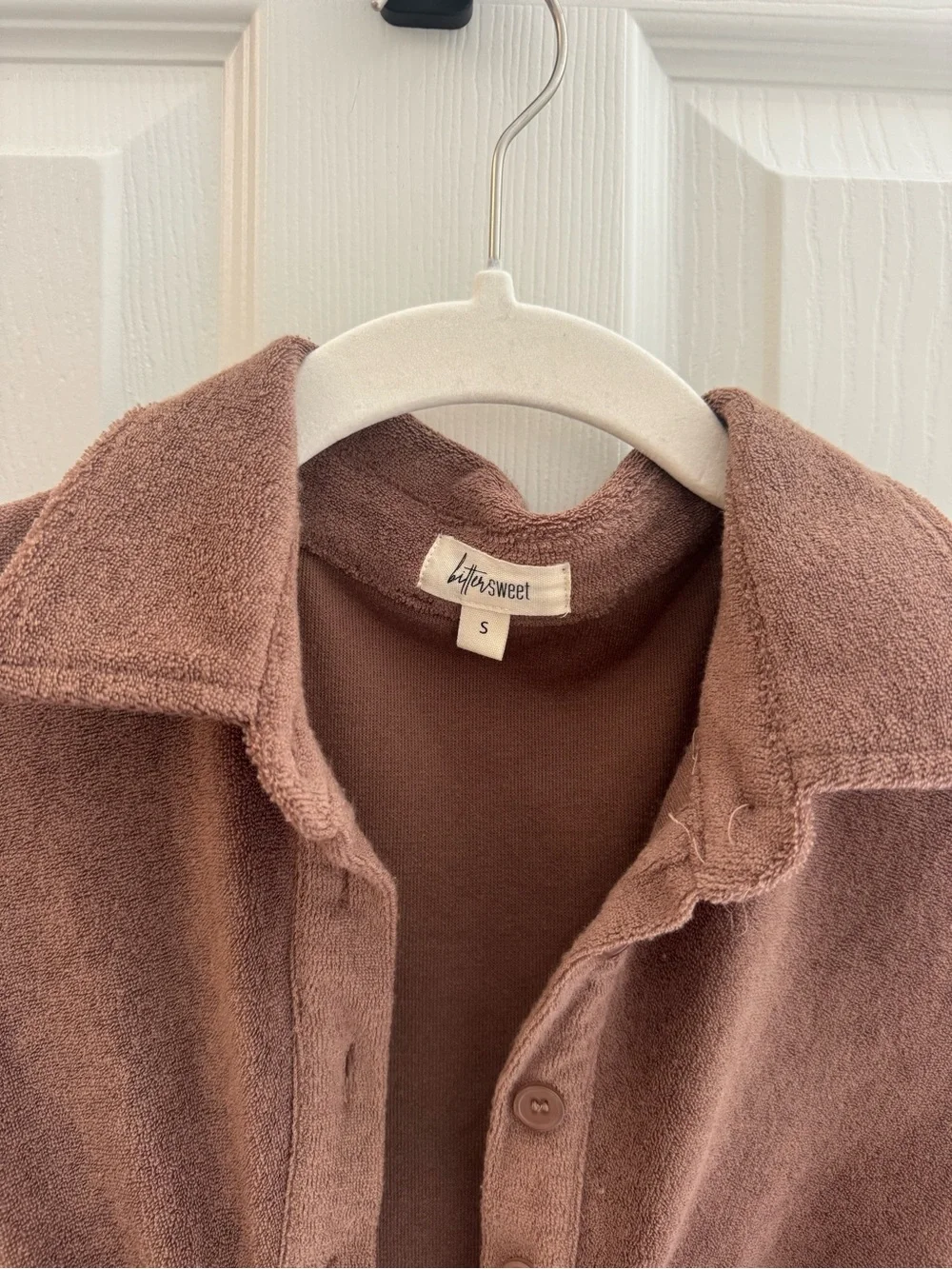 Bittersweet Boutique Ruched Button-Front Long Sleeve Mini Dress in Brown